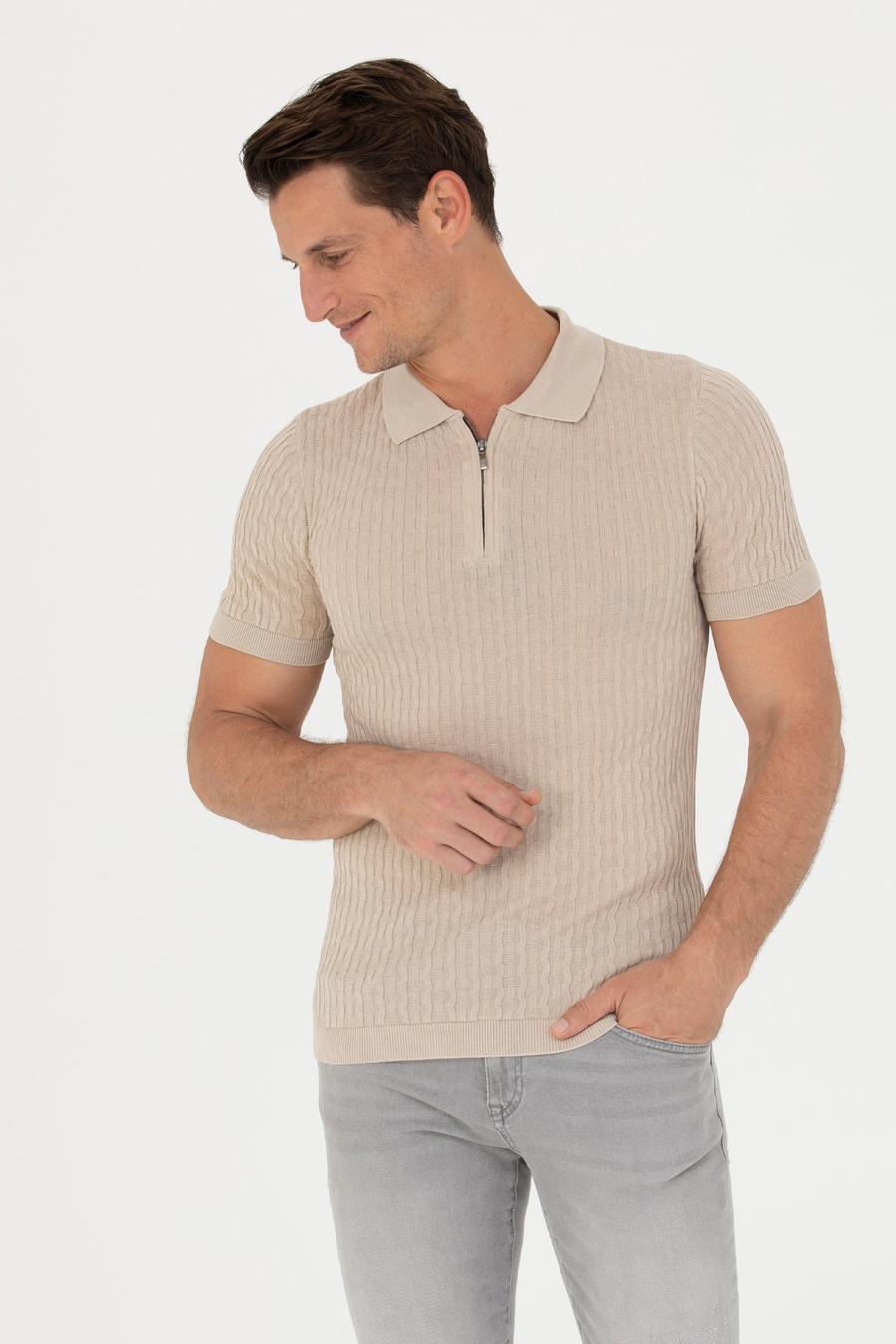 Bej Slim Fit Polo Yaka Triko T-Shirt - 50265894055