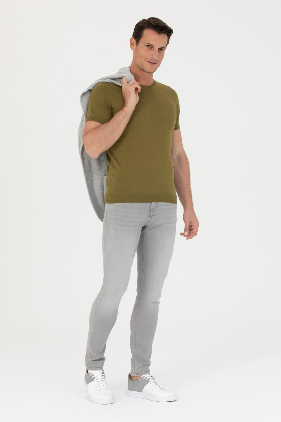 Çağla Yeşili Slim Fit Bisiklet Yaka Triko T-Shirt - 50267842155