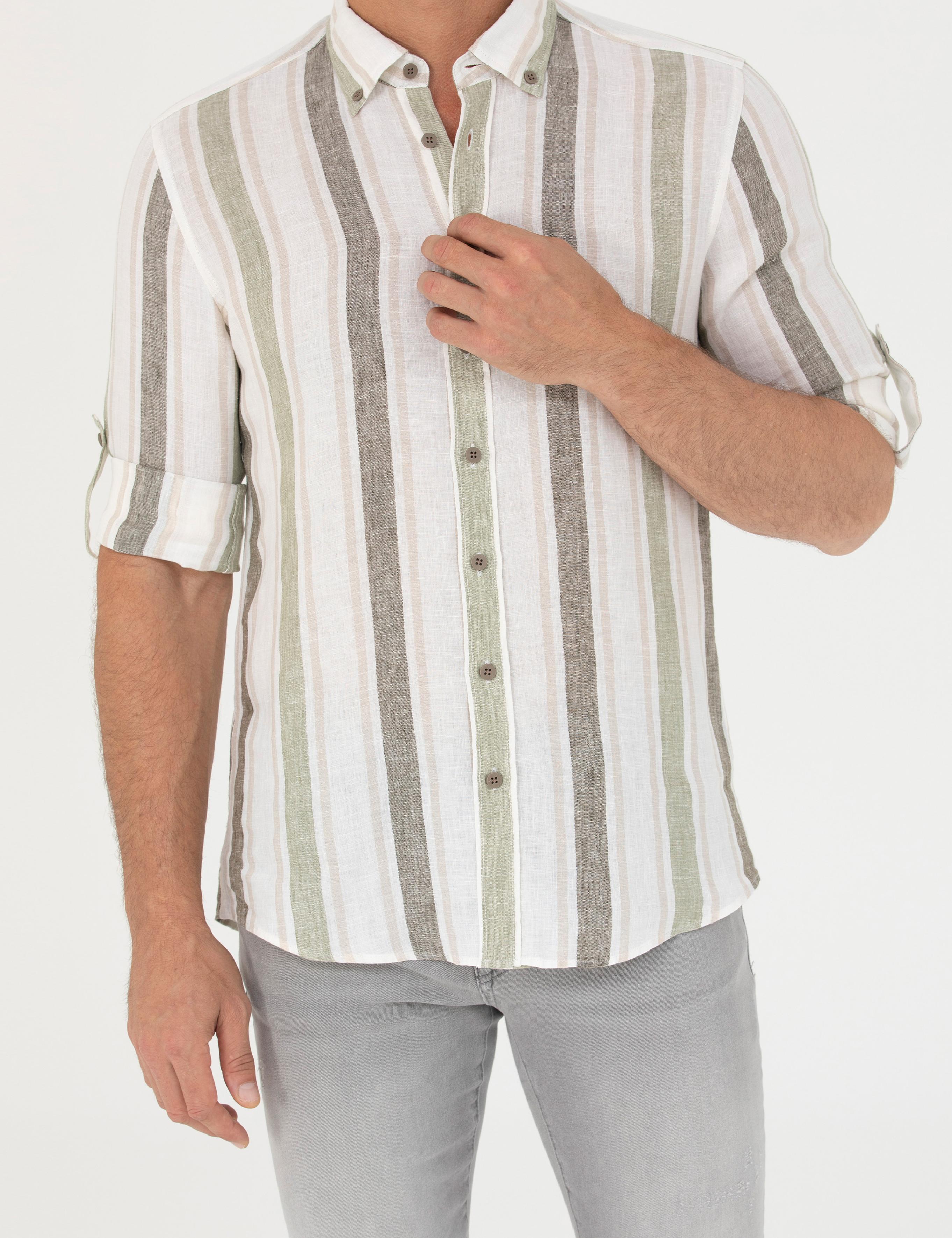 Haki Slim Fit %100 Keten Gömlek - 50265480071