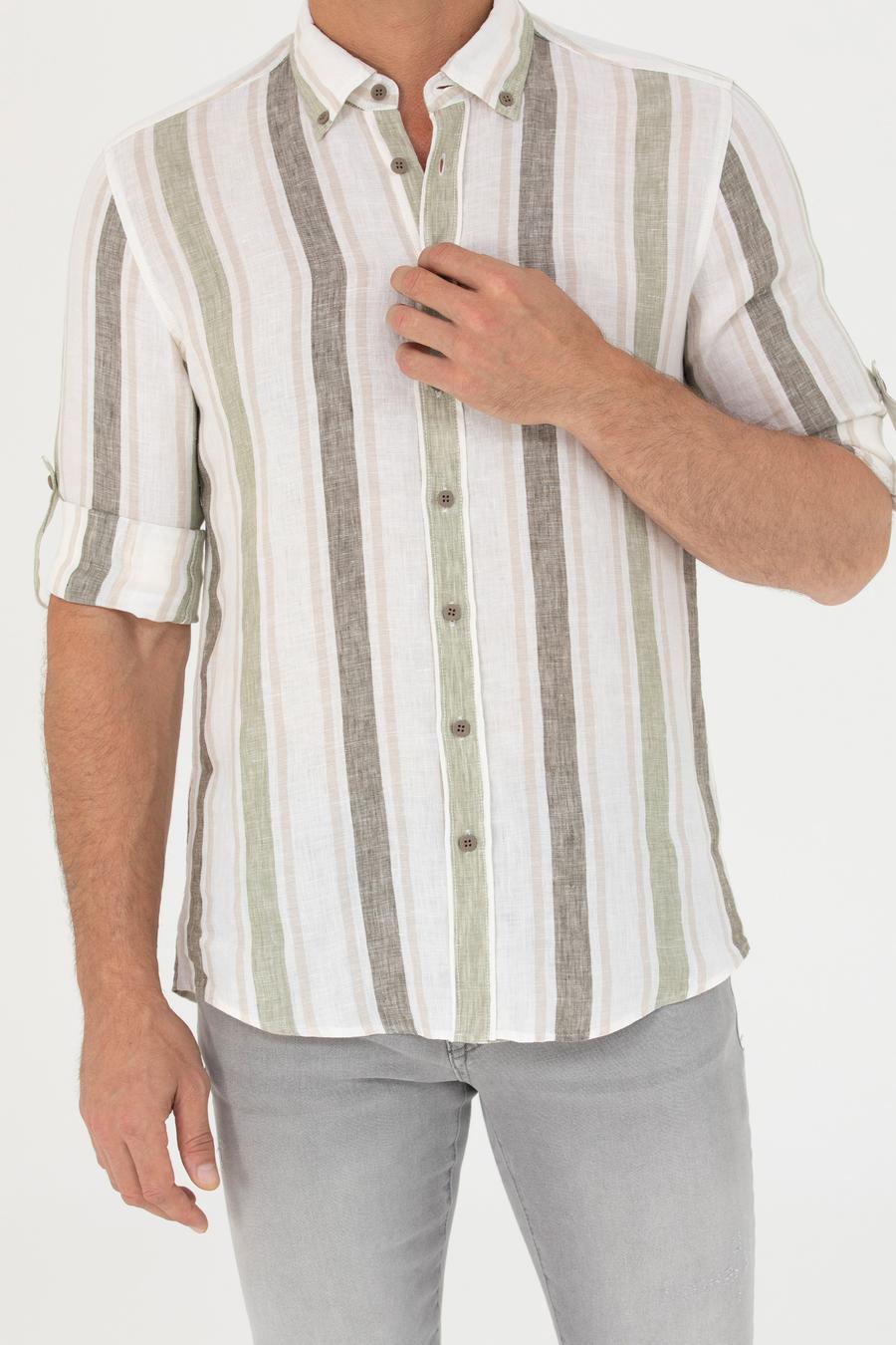 Haki Slim Fit %100 Keten Gömlek - 50265480071