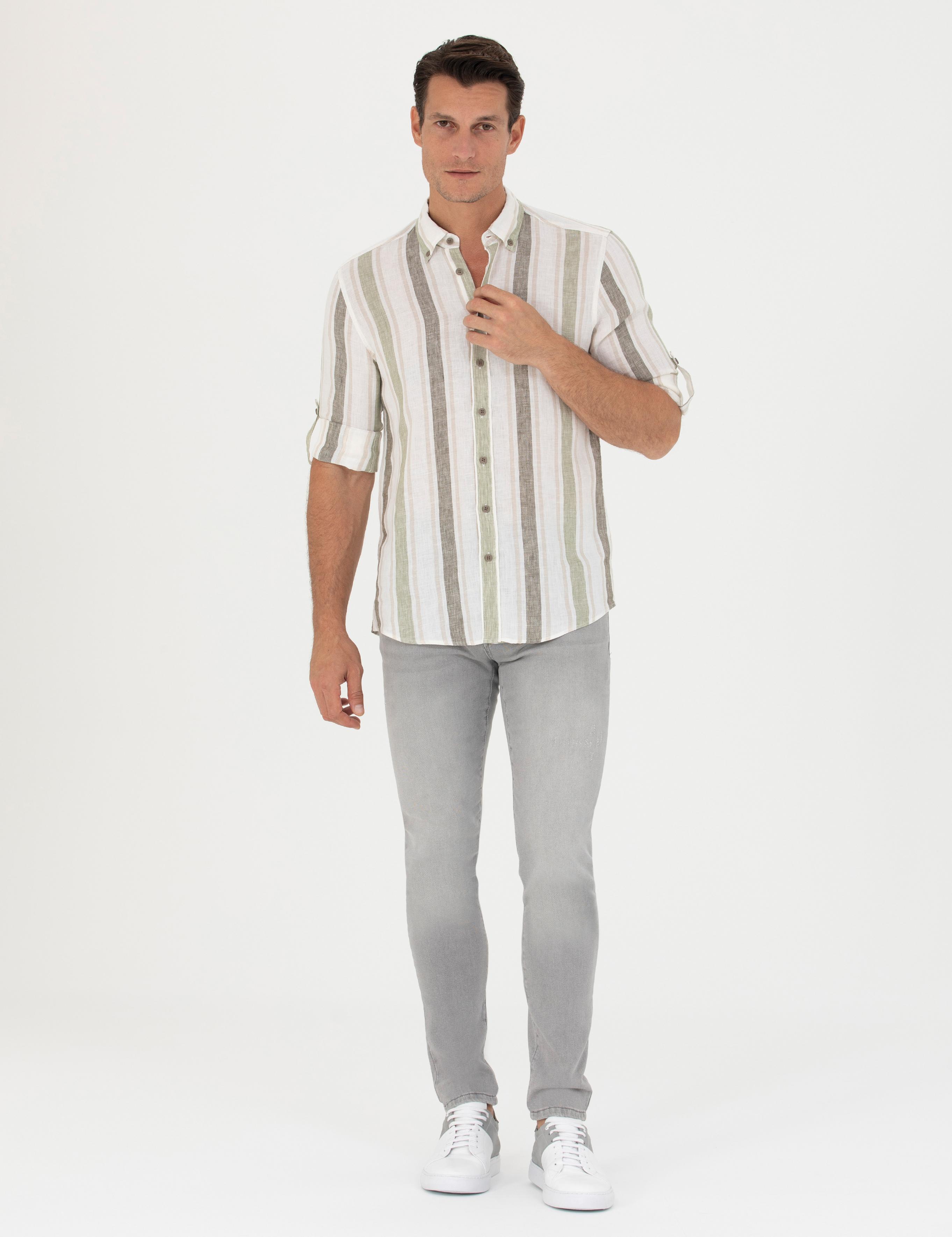Haki Slim Fit %100 Keten Gömlek - 50265480071