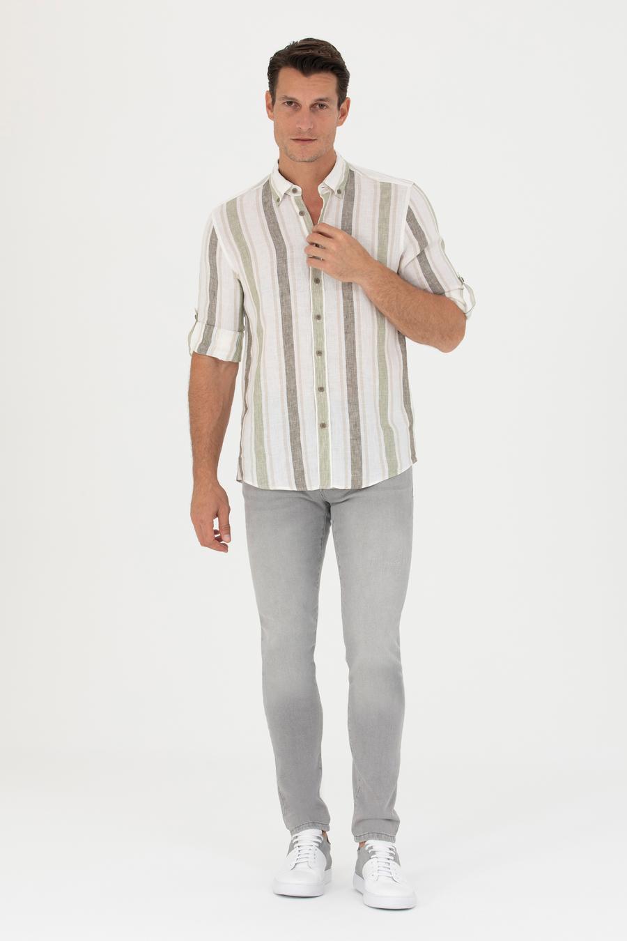 Haki Slim Fit %100 Keten Gömlek - 50265480071
