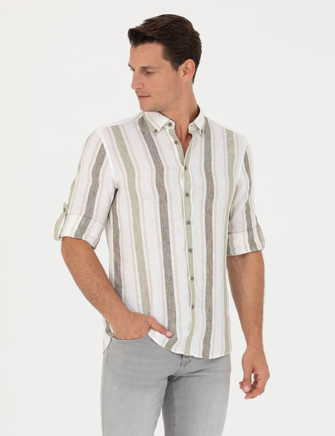 Haki Slim Fit %100 Keten Gömlek