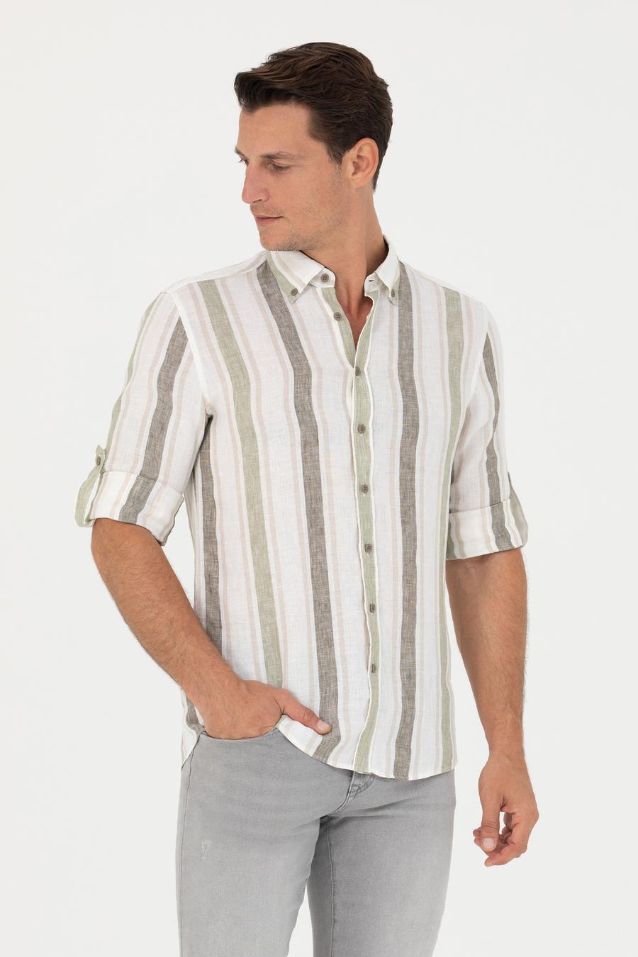 Haki Slim Fit %100 Keten Gömlek - 50265480071