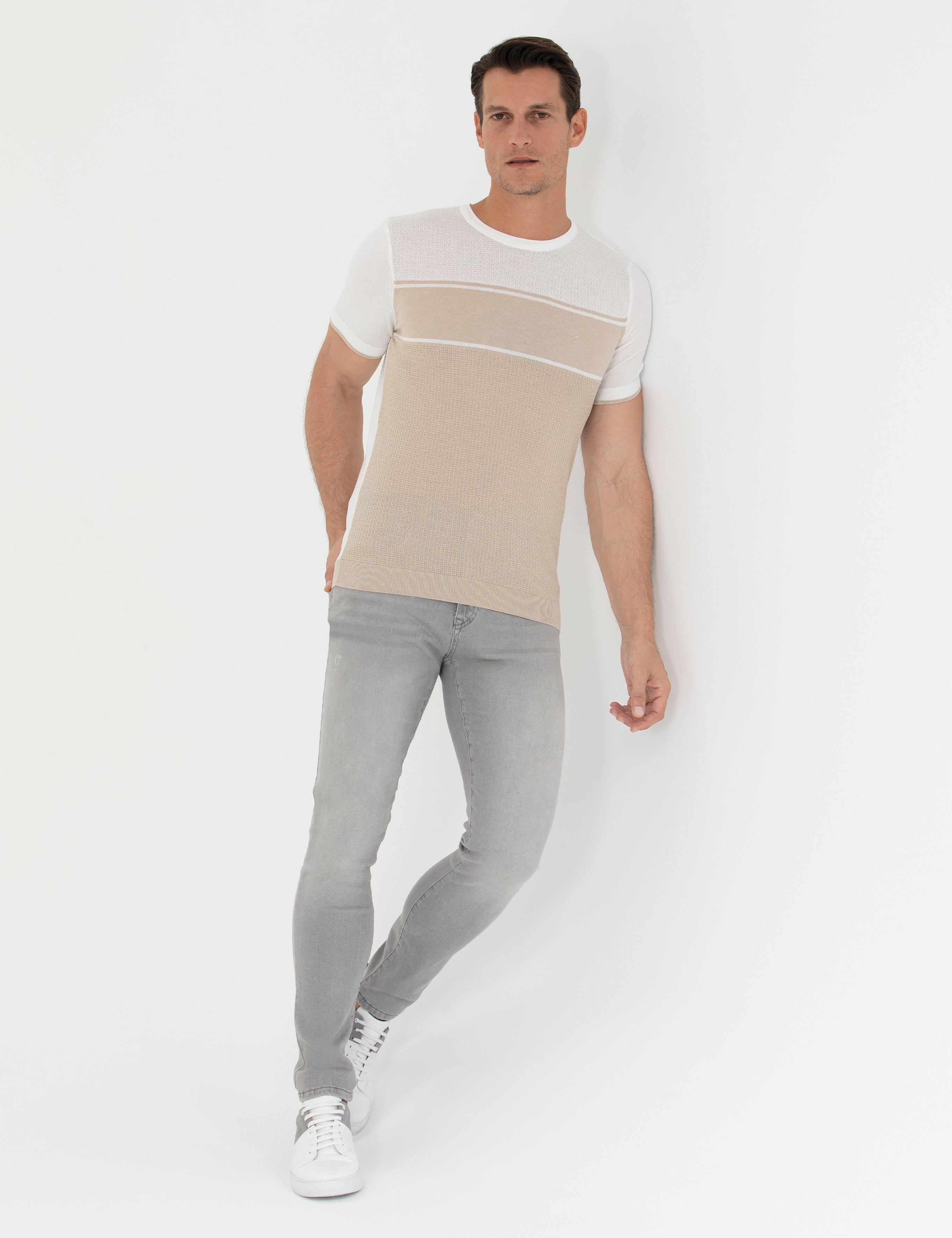 Bej Slim Fit Bisiklet Yaka Triko T-Shirt - 50265920025