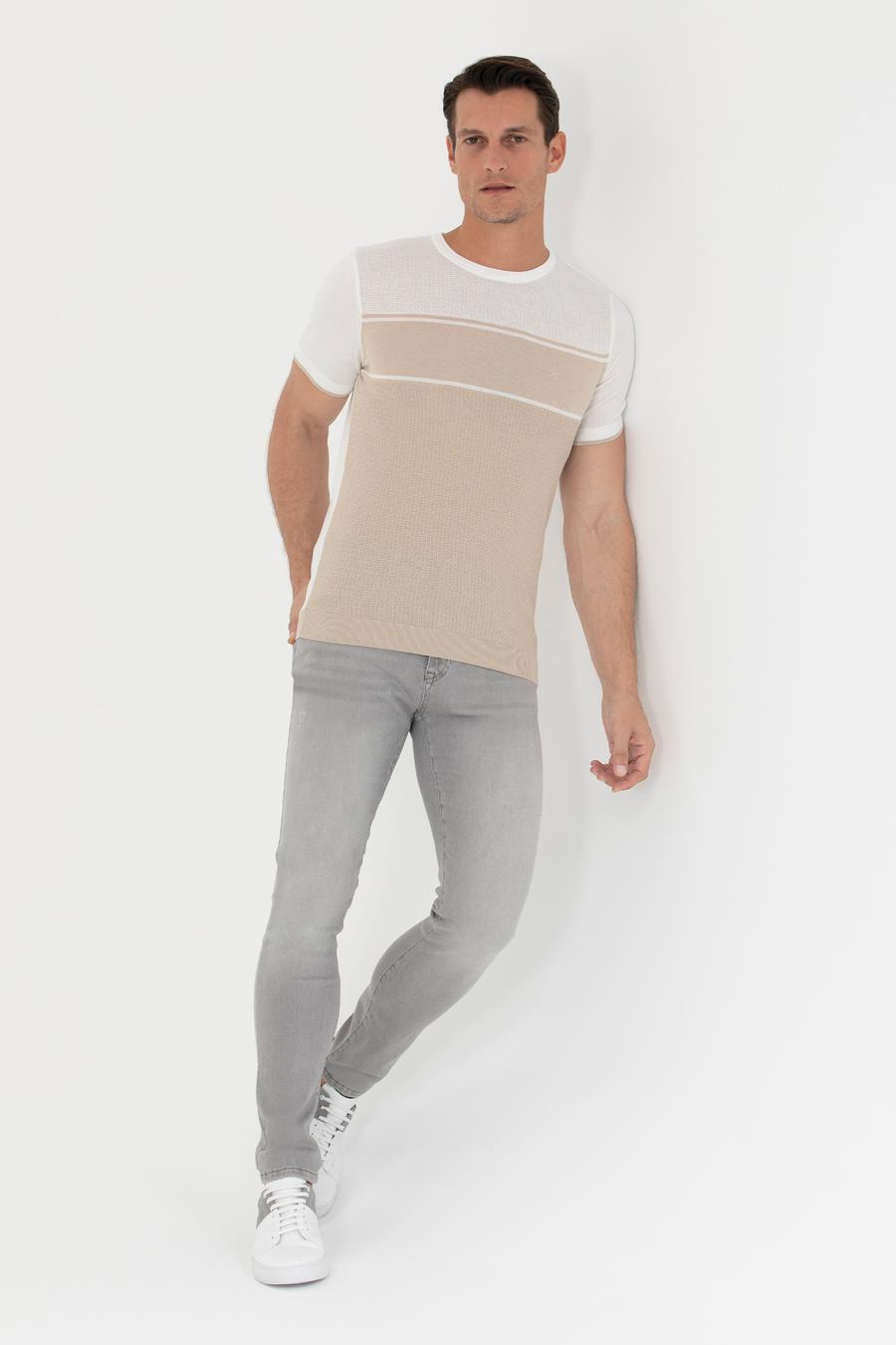 Bej Slim Fit Bisiklet Yaka Triko T-Shirt - 50265920025