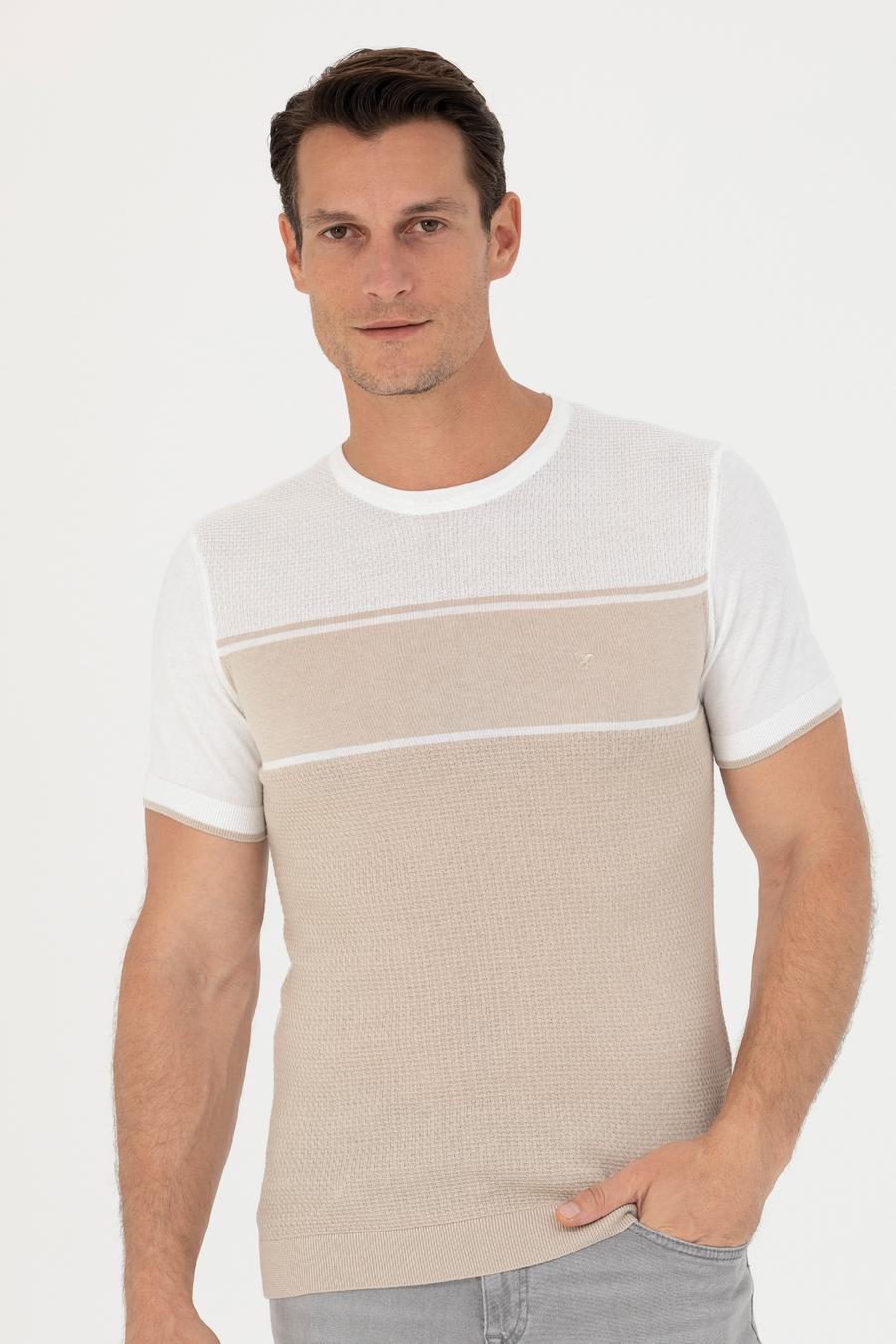 Bej Slim Fit Bisiklet Yaka Triko T-Shirt - 50265920025