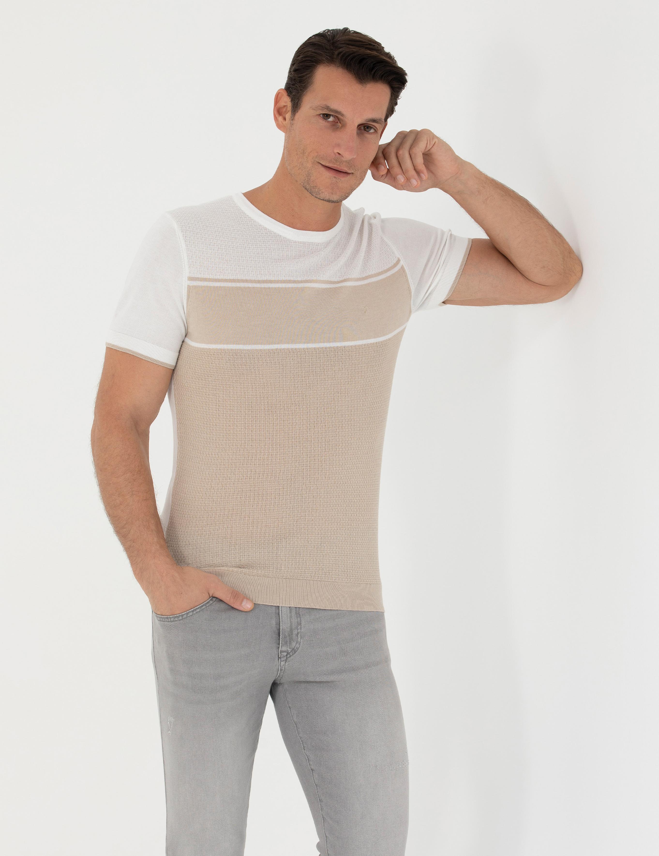 Bej Slim Fit Bisiklet Yaka Triko T-Shirt - 50265920025