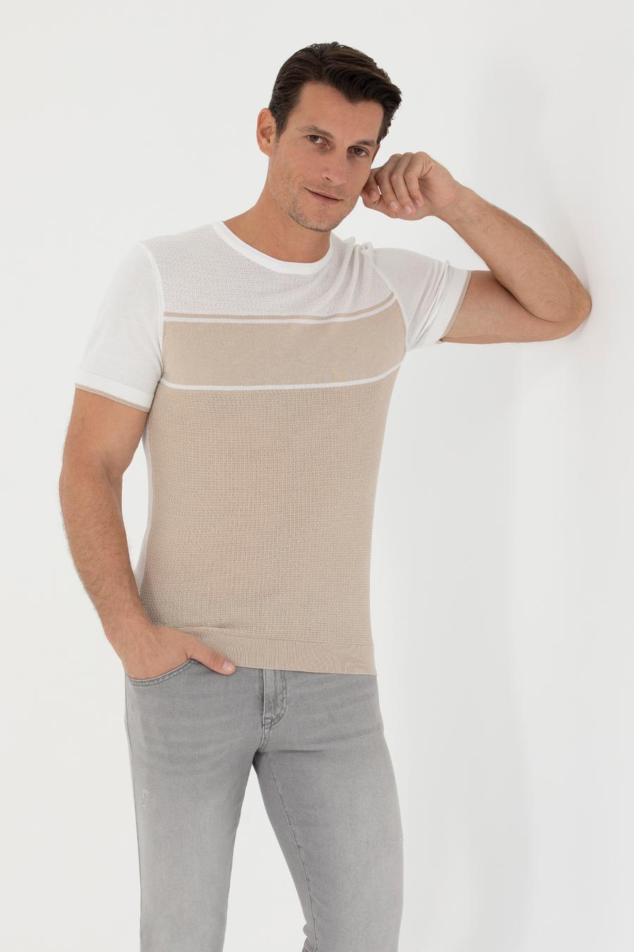Bej Slim Fit Bisiklet Yaka Triko T-Shirt - 50265920025