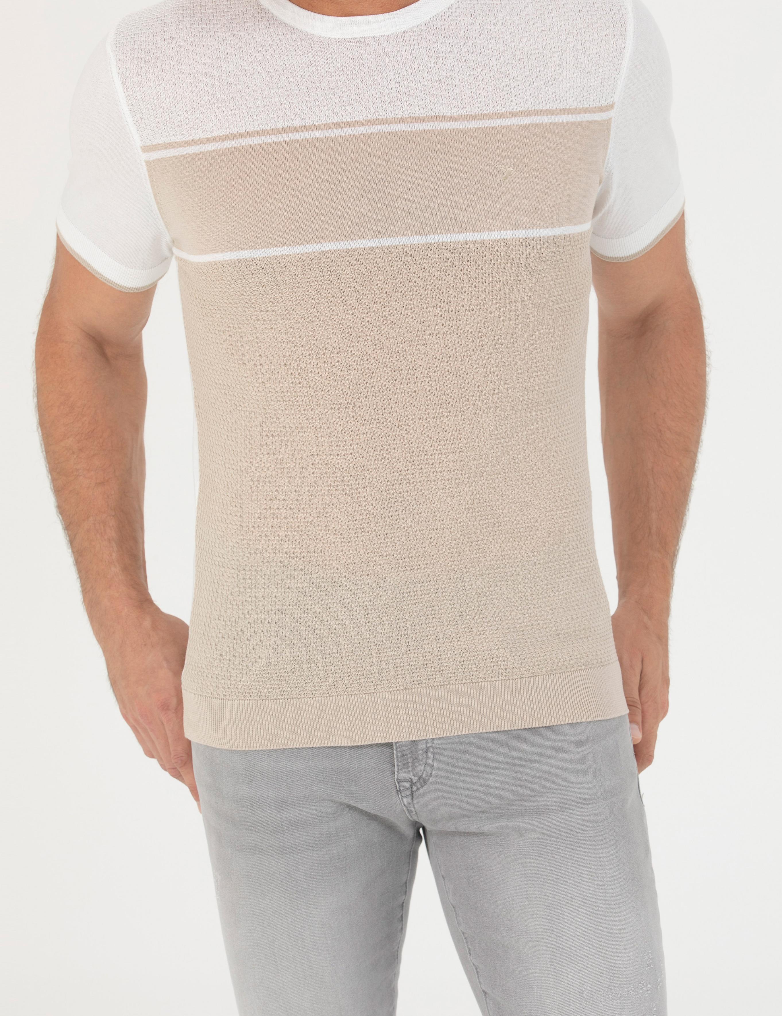 Bej Slim Fit Bisiklet Yaka Triko T-Shirt - 50265920025