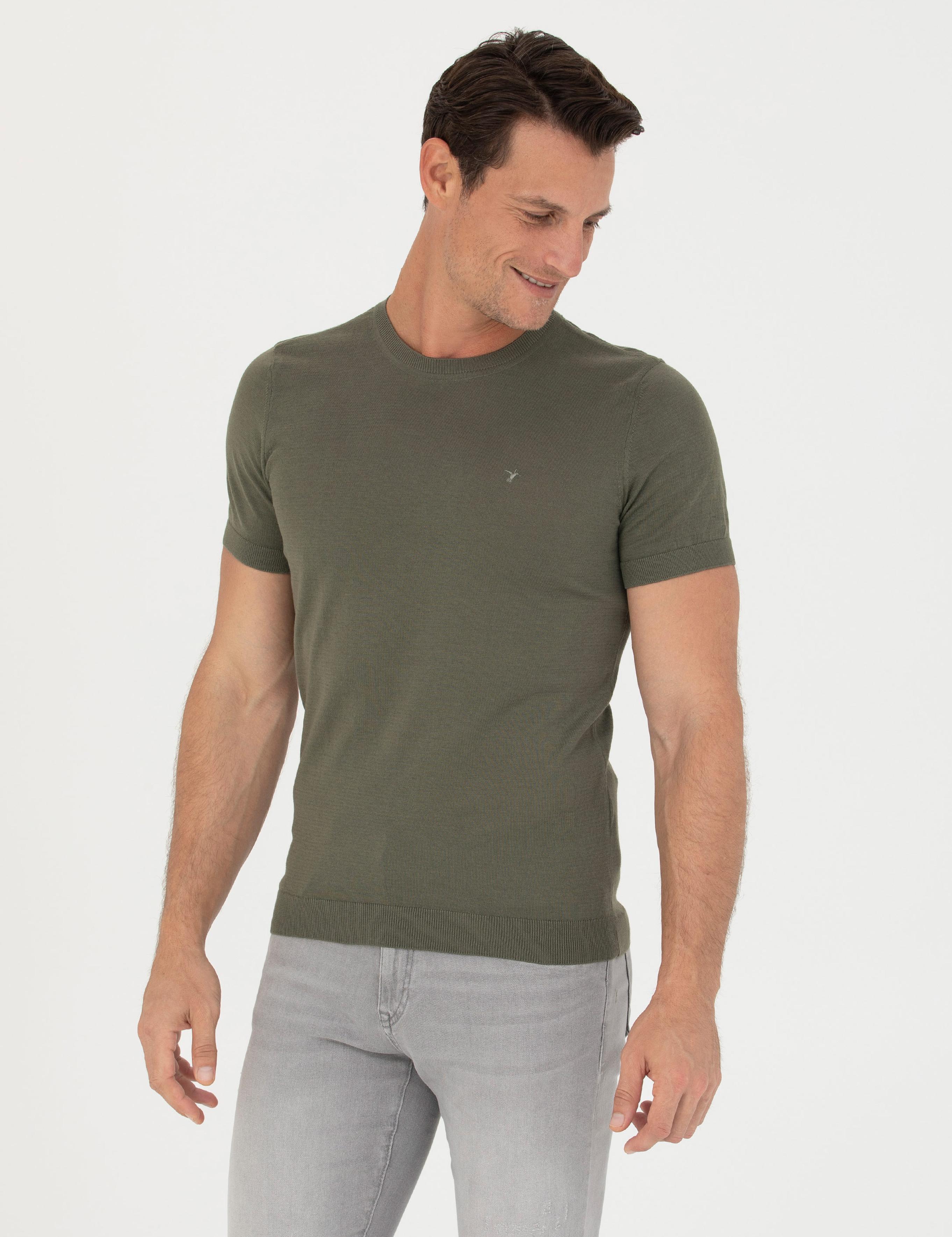 Haki Slim Fit Bisiklet Yaka Triko T-Shirt - 50267842021