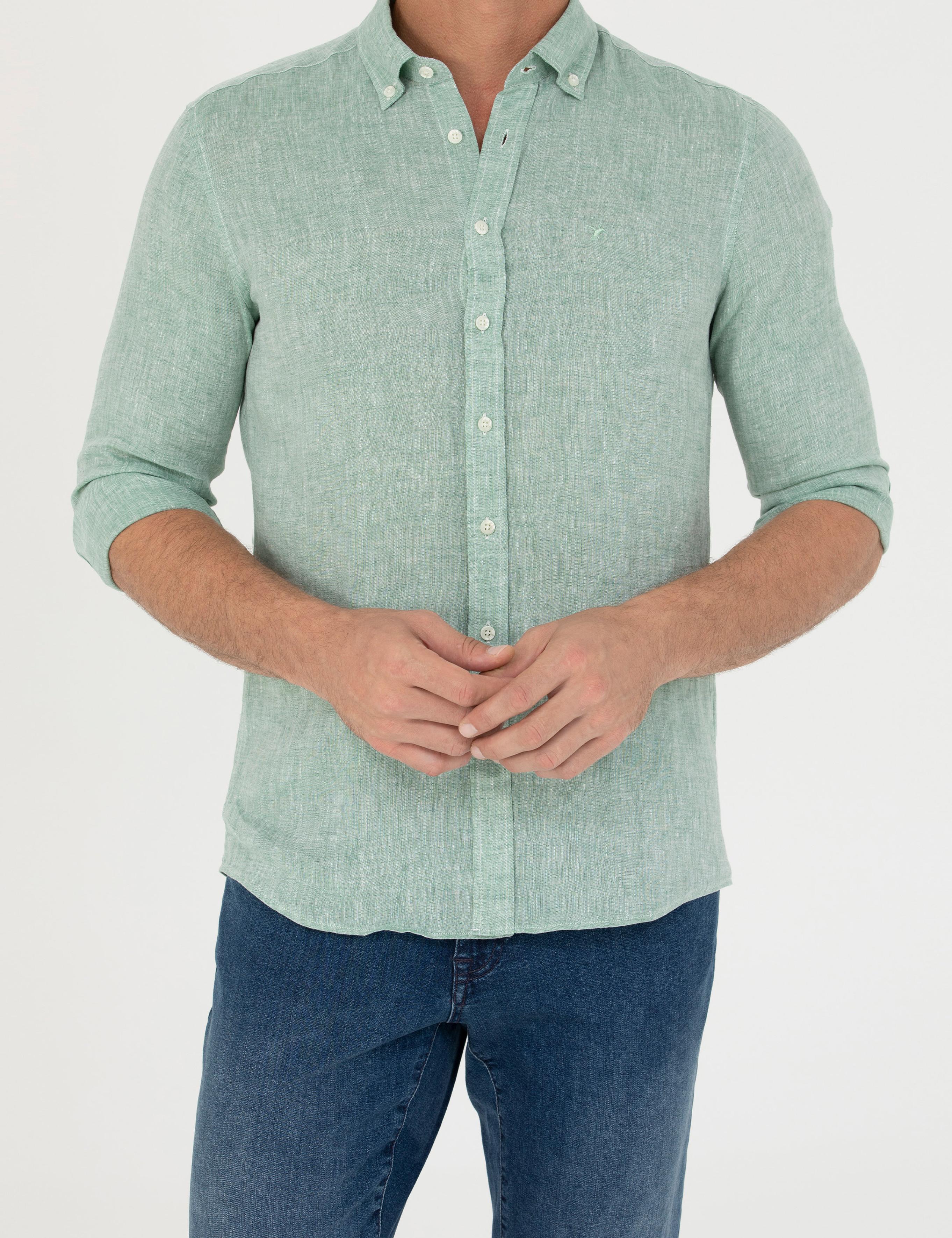 Haki Slim Fit %100 Keten Gömlek - 50269214129