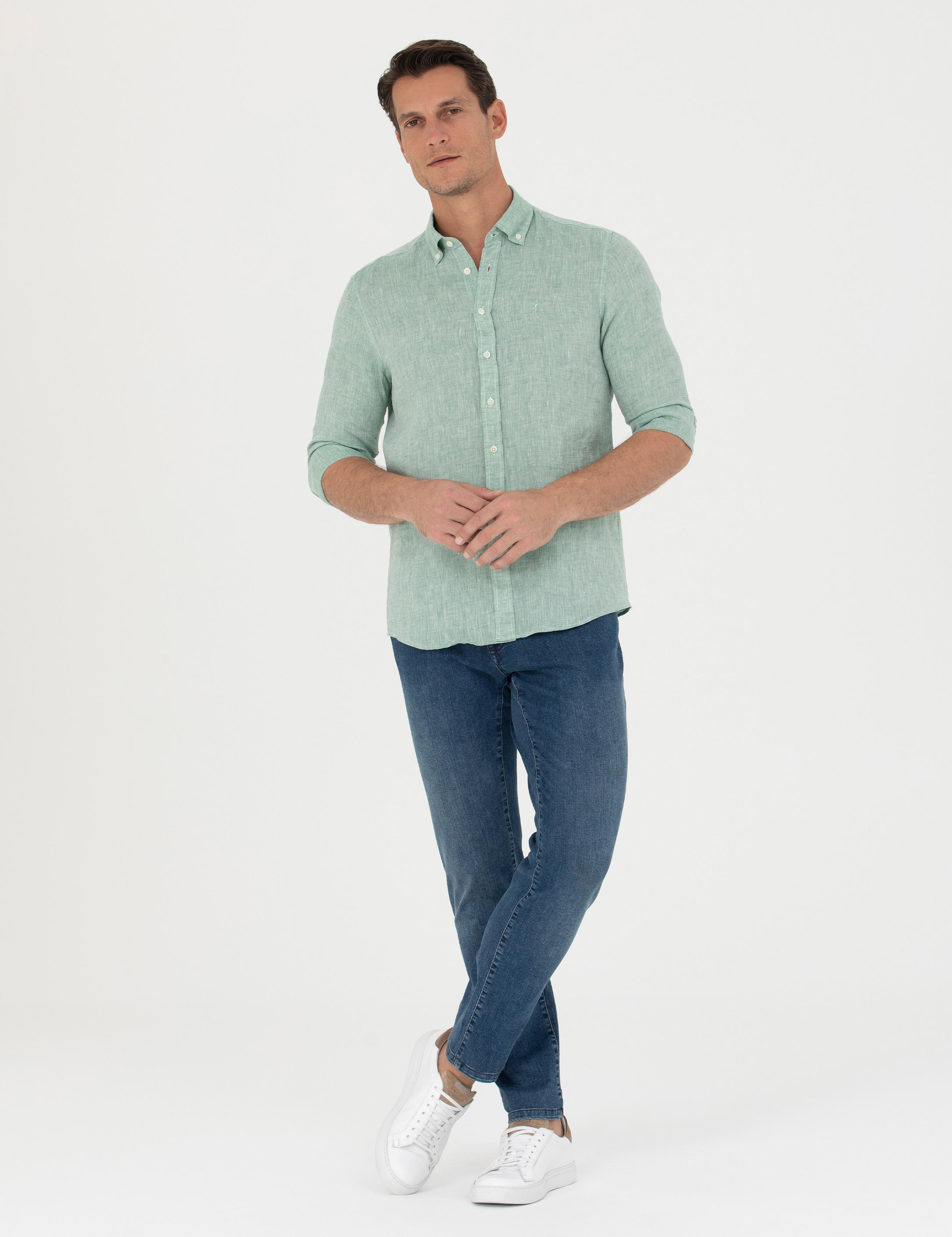 Haki Slim Fit %100 Keten Gömlek - 50269214129