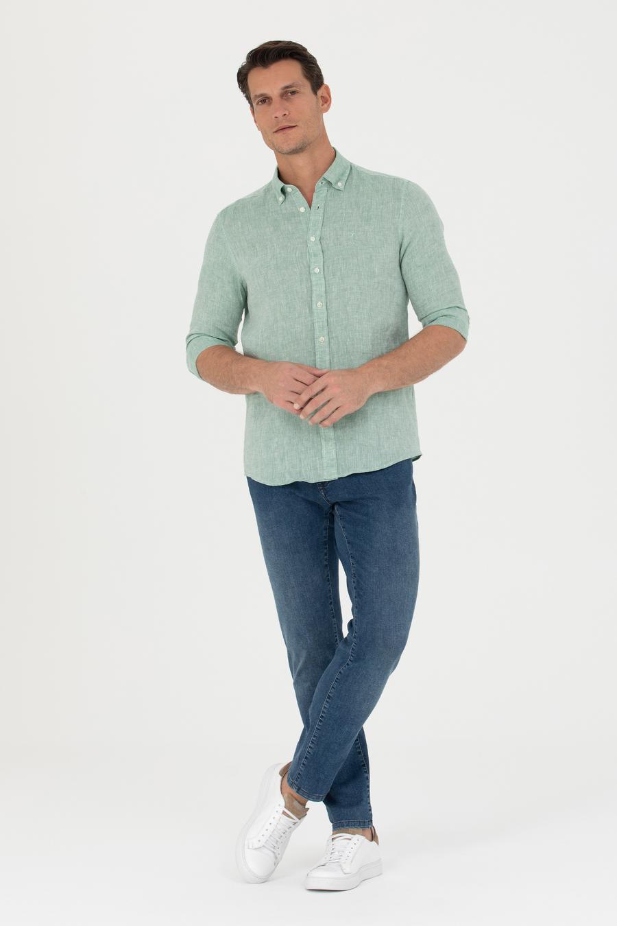Haki Slim Fit %100 Keten Gömlek - 50269214129