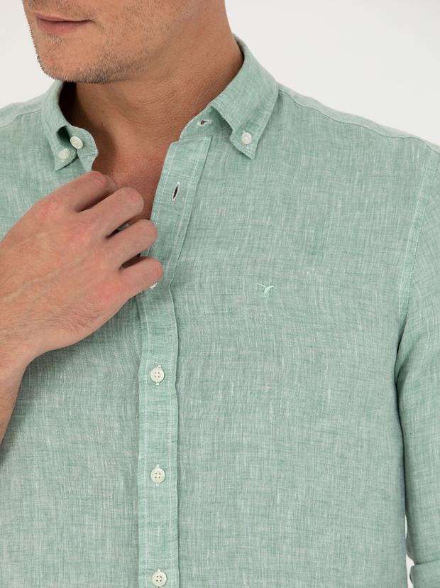 Haki Slim Fit %100 Keten Gömlek