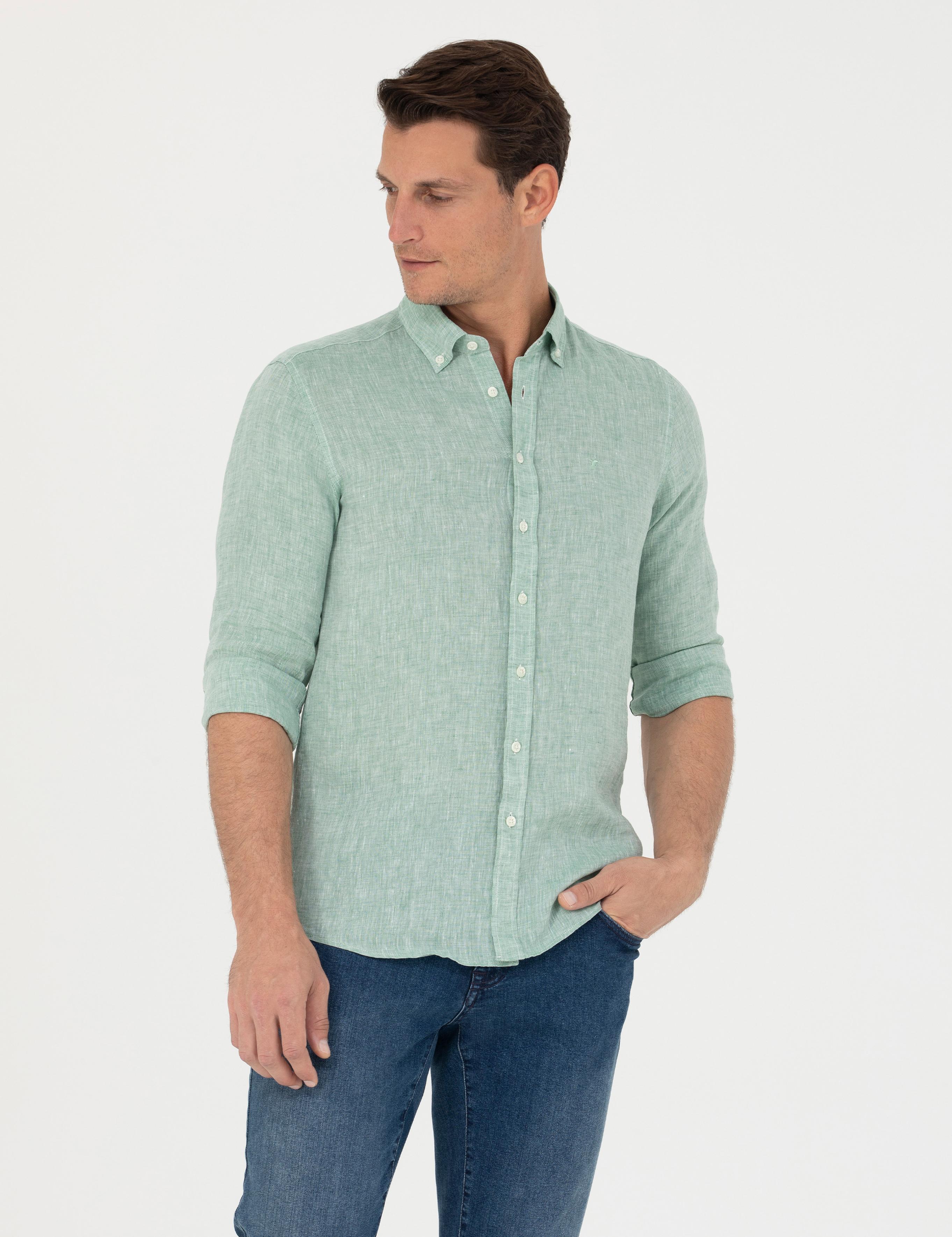 Haki Slim Fit %100 Keten Gömlek - 50269214129