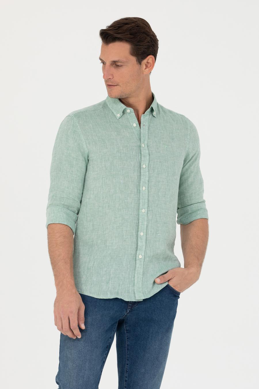 Haki Slim Fit %100 Keten Gömlek - 50269214129