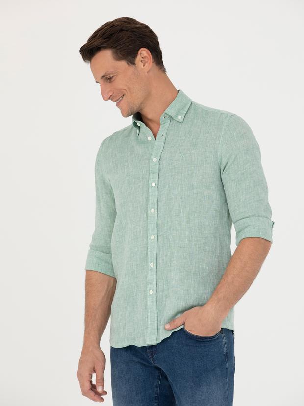 Haki Slim Fit %100 Keten Gömlek