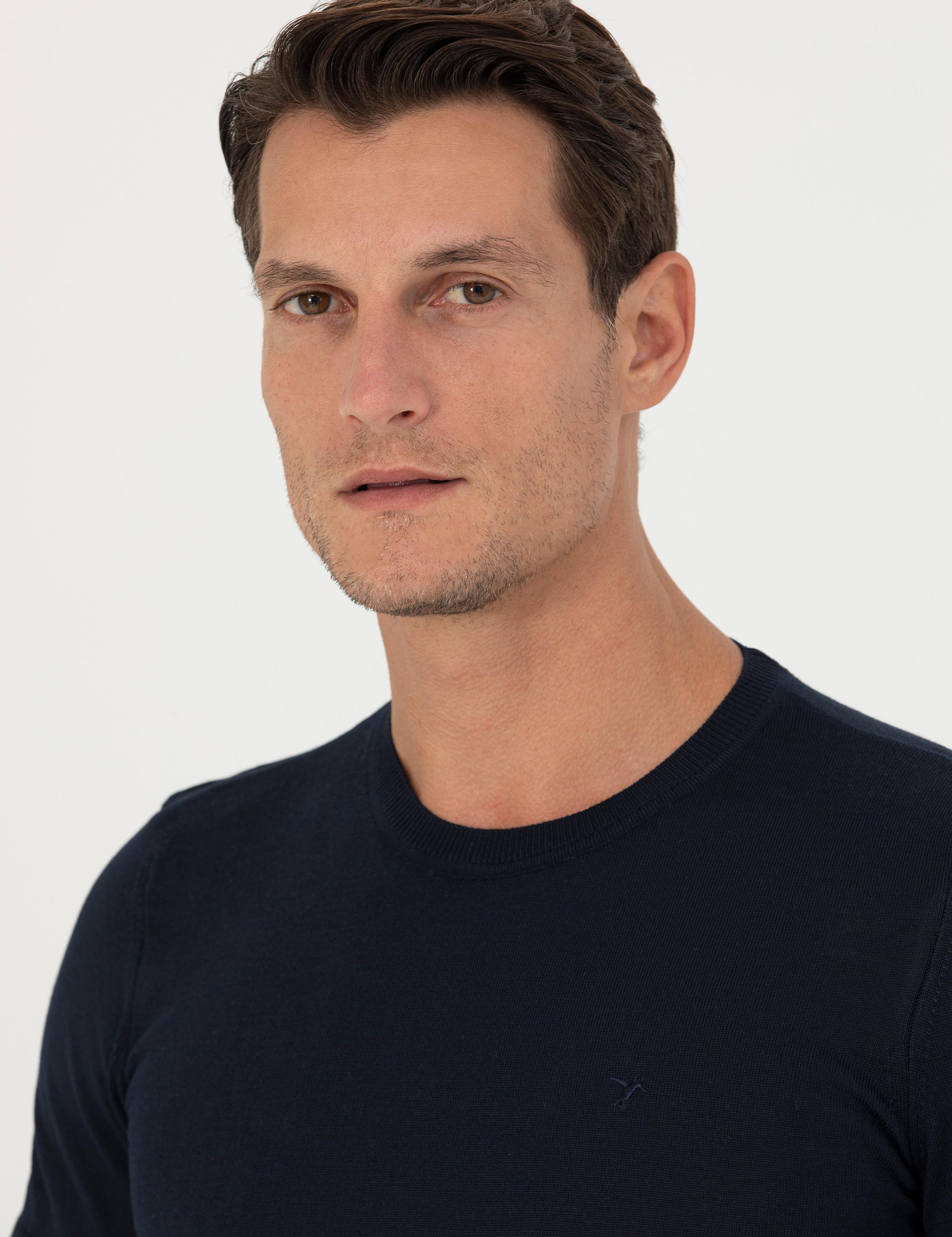 Lacivert Slim Fit Bisiklet Yaka Triko T-Shirt - 50267842004
