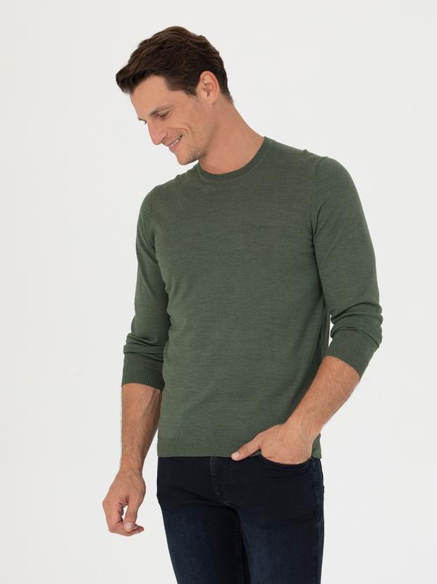 Haki Slim Fit Bisiklet Yaka Triko Kazak