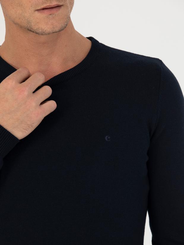 Lacivert Slim Fit Bisiklet Yaka Triko Kazak