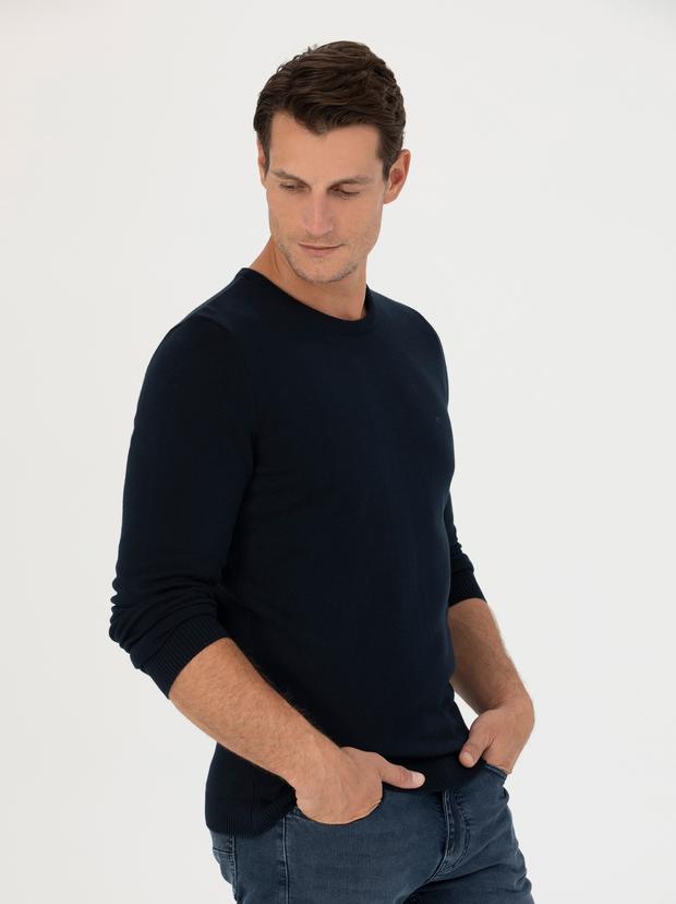 Lacivert Slim Fit Bisiklet Yaka Triko Kazak