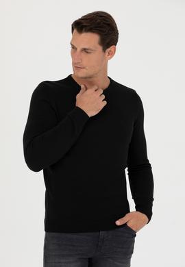 Siyah Slim Fit Bisiklet Yaka Triko Kazak