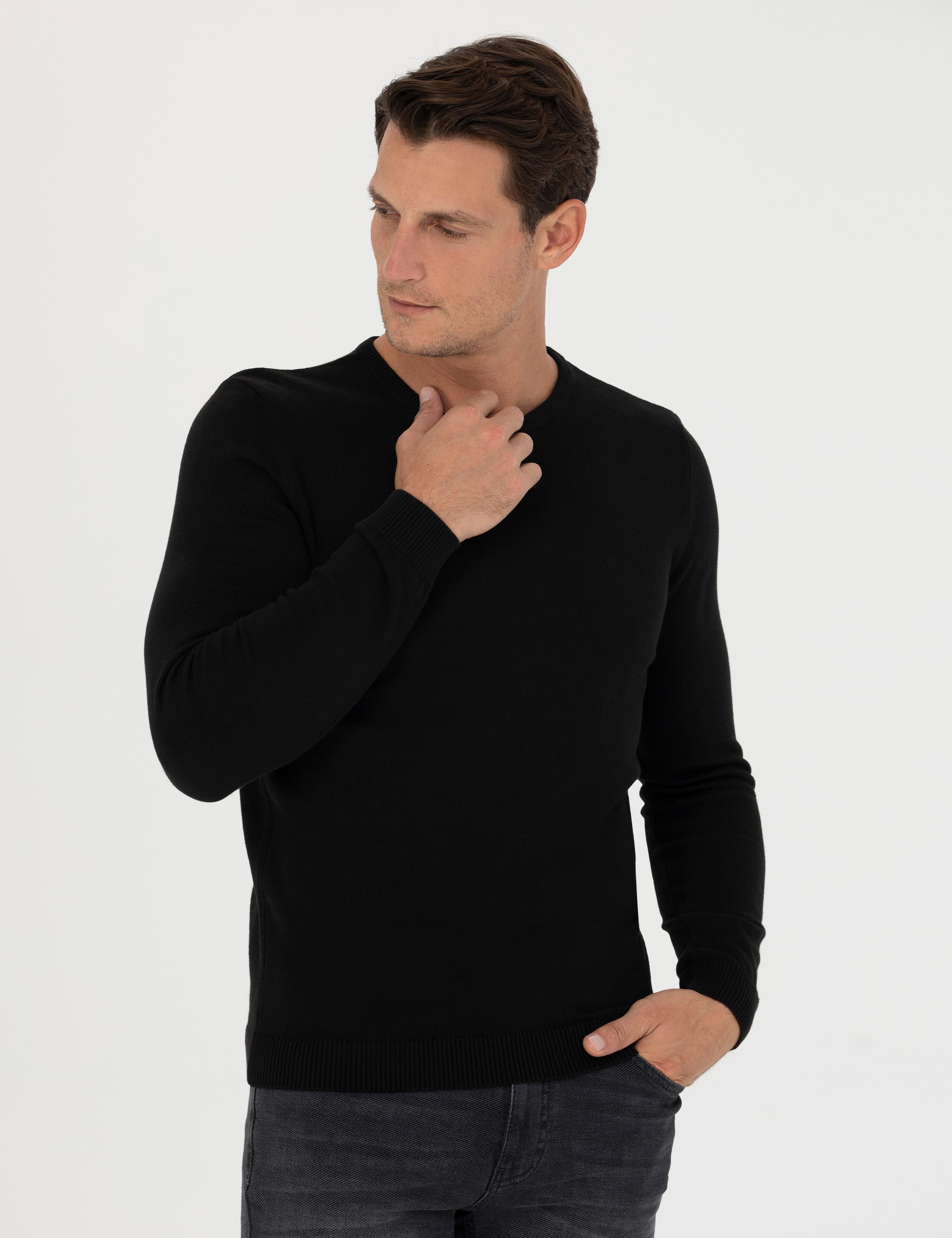 Siyah Slim Fit Bisiklet Yaka Triko Kazak - 50270175003