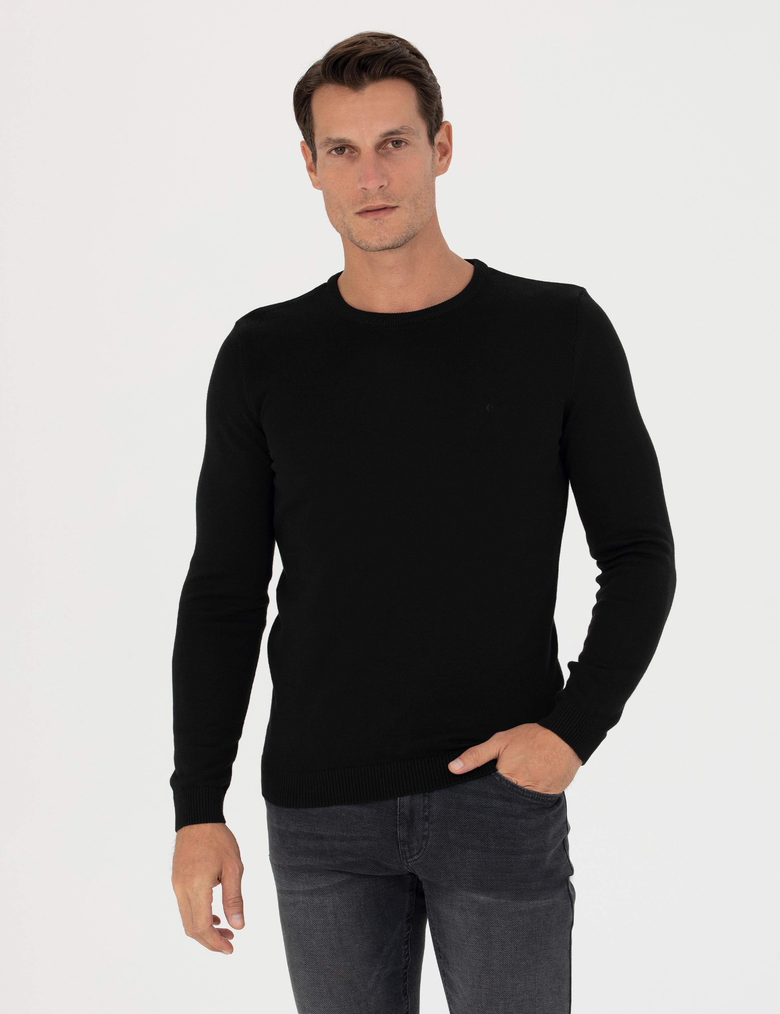 Siyah Slim Fit Bisiklet Yaka Triko Kazak - 50270175003