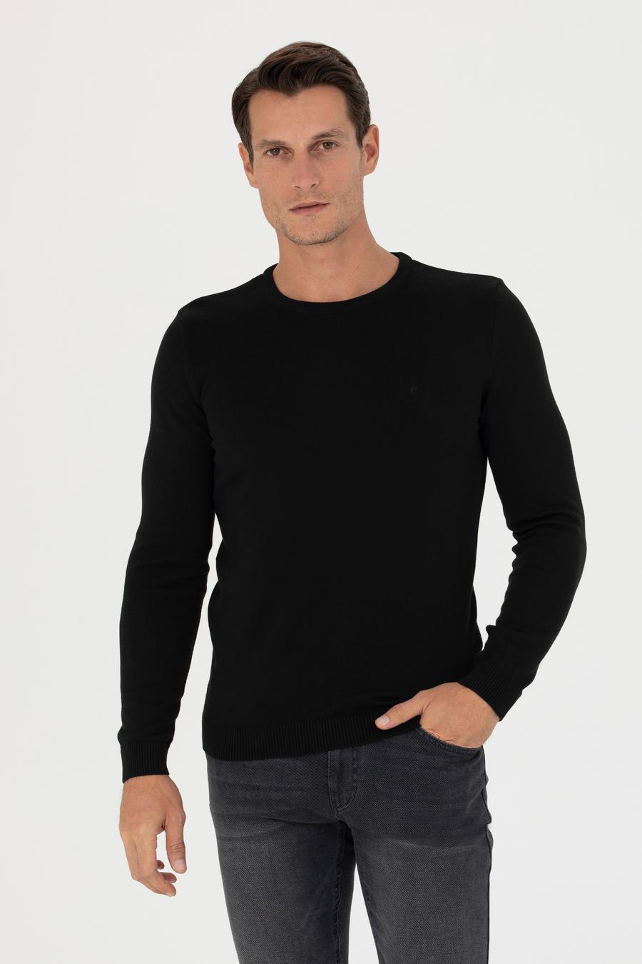 Siyah Slim Fit Bisiklet Yaka Triko Kazak - 50270175003