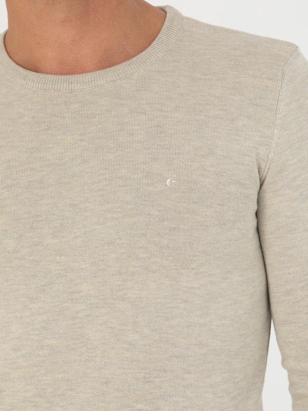 Bej Slim Fit Bisiklet Yaka Triko Kazak