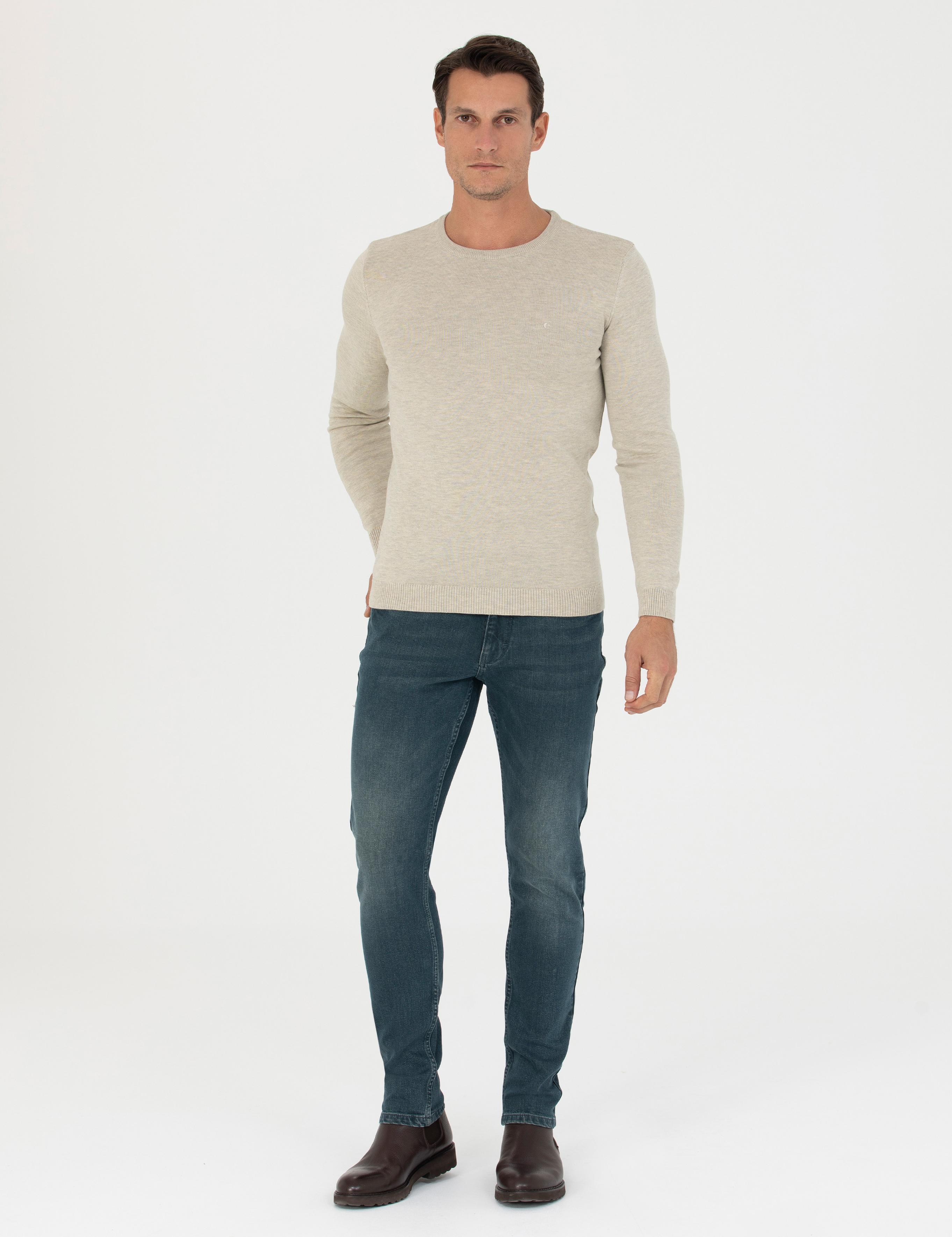 Bej Slim Fit Bisiklet Yaka Triko Kazak - 50270175018