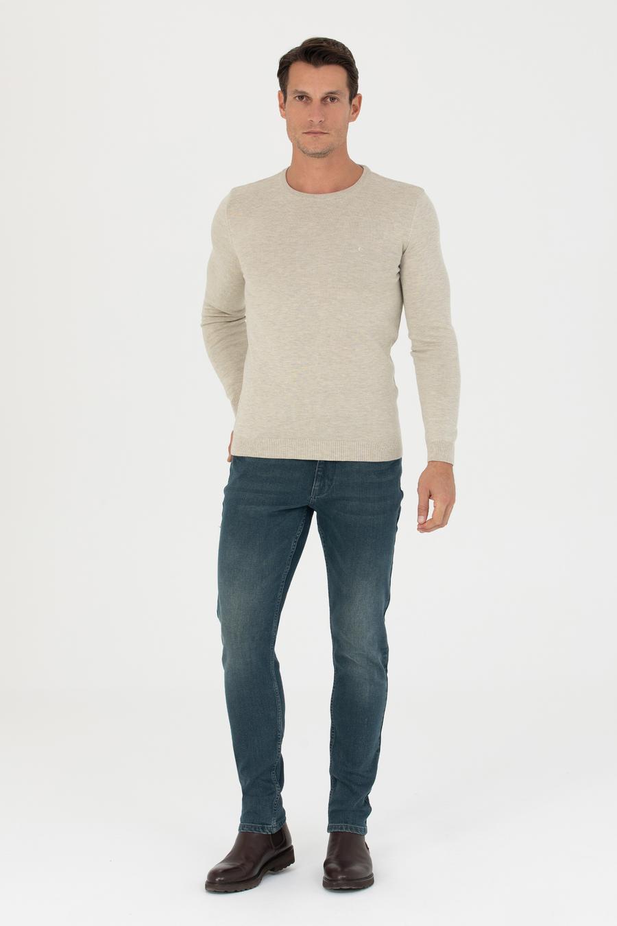 Bej Slim Fit Bisiklet Yaka Triko Kazak - 50270175018