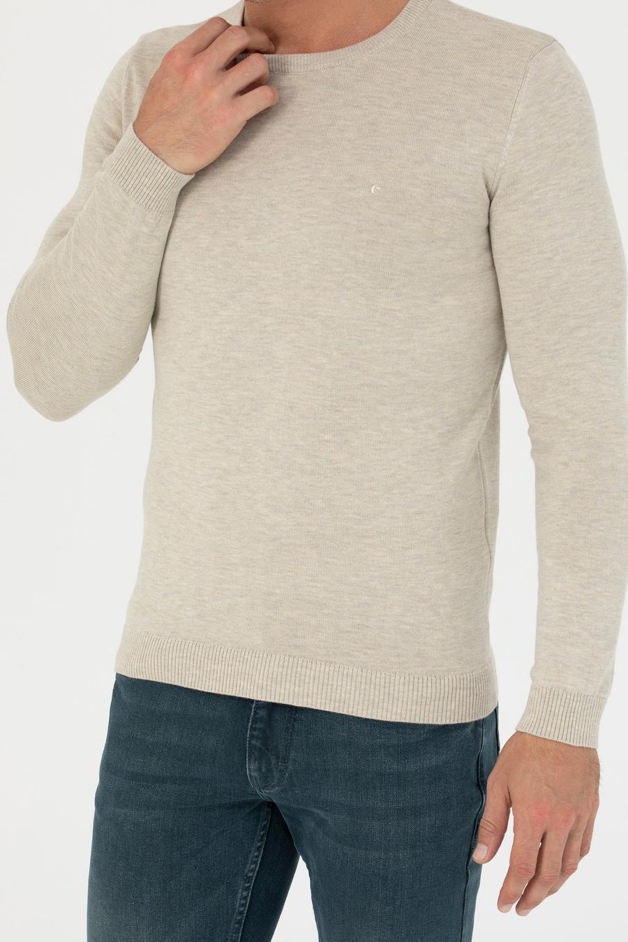 Bej Slim Fit Bisiklet Yaka Triko Kazak - 50270175018