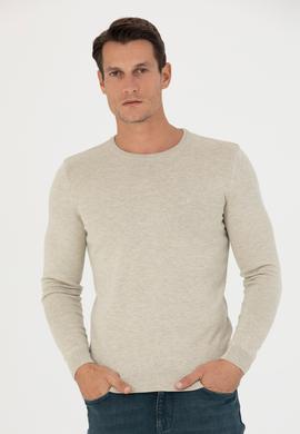 Bej Slim Fit Bisiklet Yaka Triko Kazak