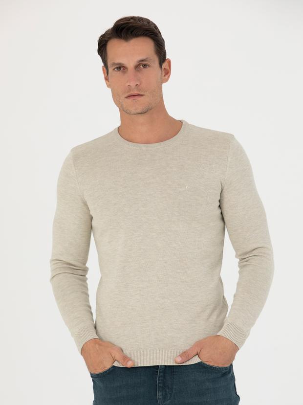 Bej Slim Fit Bisiklet Yaka Triko Kazak
