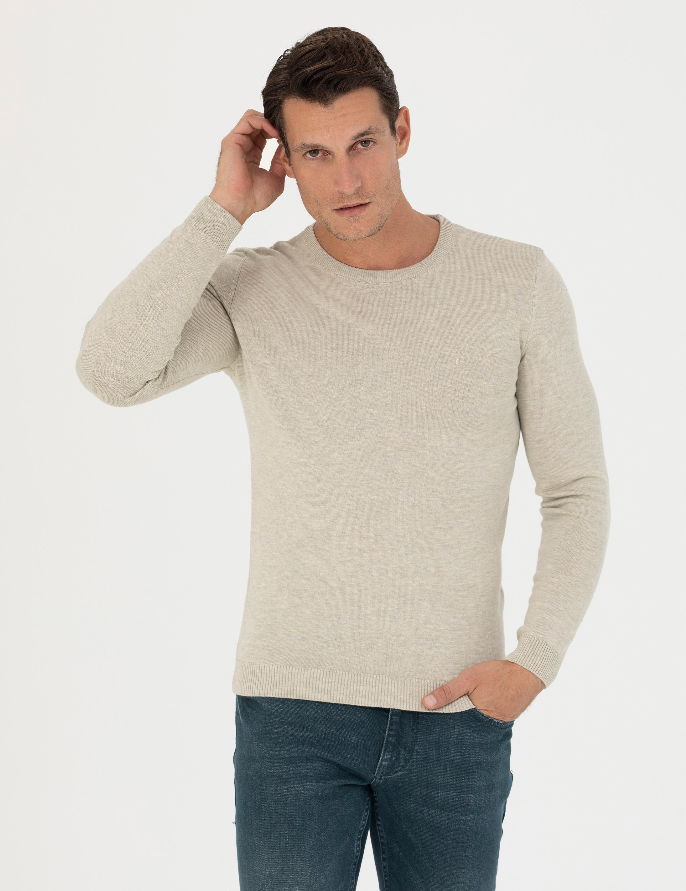 Bej Slim Fit Bisiklet Yaka Triko Kazak - 50270175018