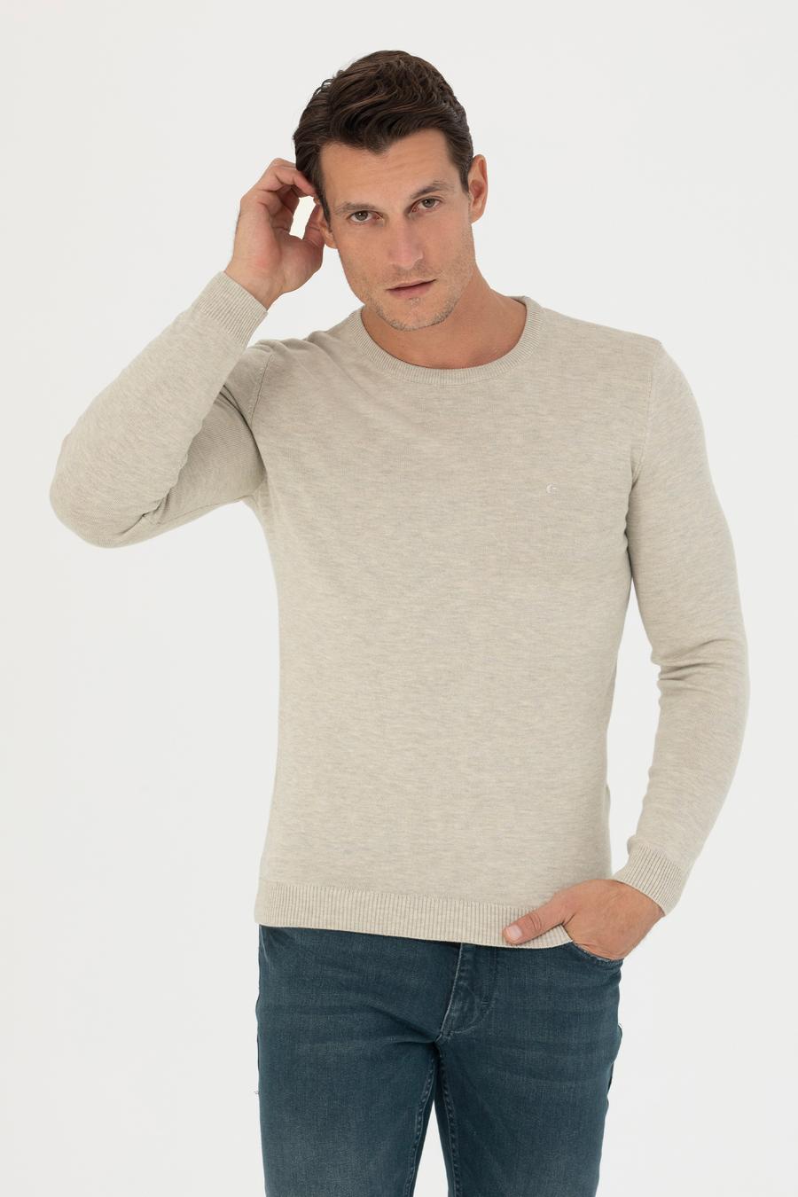 Bej Slim Fit Bisiklet Yaka Triko Kazak - 50270175018