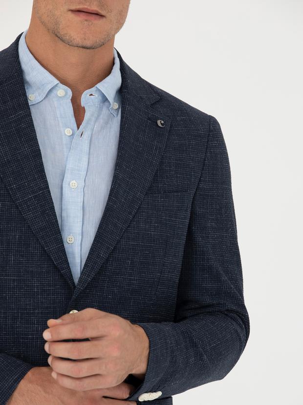 Lacivert Slim Fit Yün Keten Karışımlı Ceket