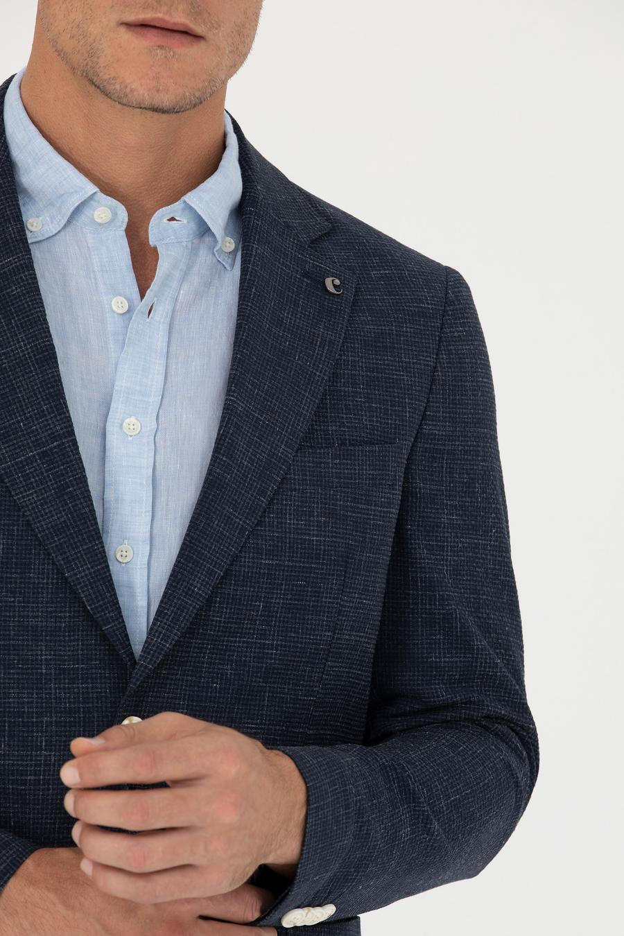 Lacivert Slim Fit Yün Keten Karışımlı Ceket - 50265209008