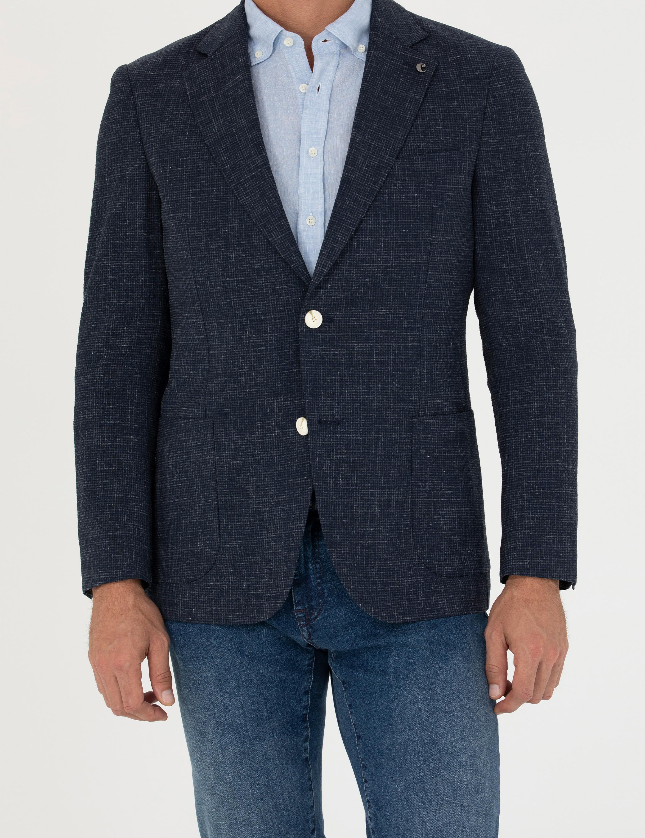 Lacivert Slim Fit Yün Keten Karışımlı Ceket - 50265209008
