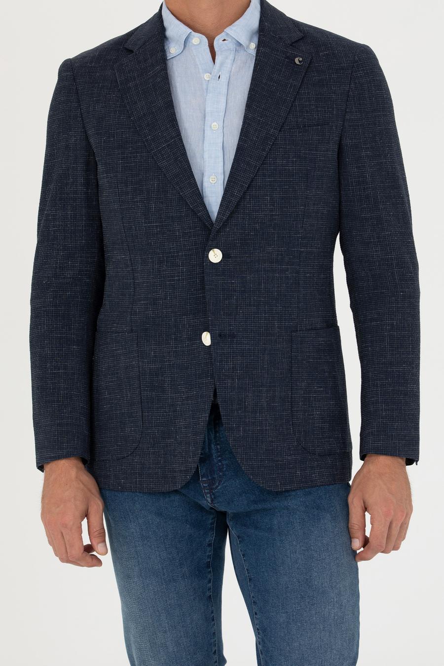 Lacivert Slim Fit Yün Keten Karışımlı Ceket - 50265209008