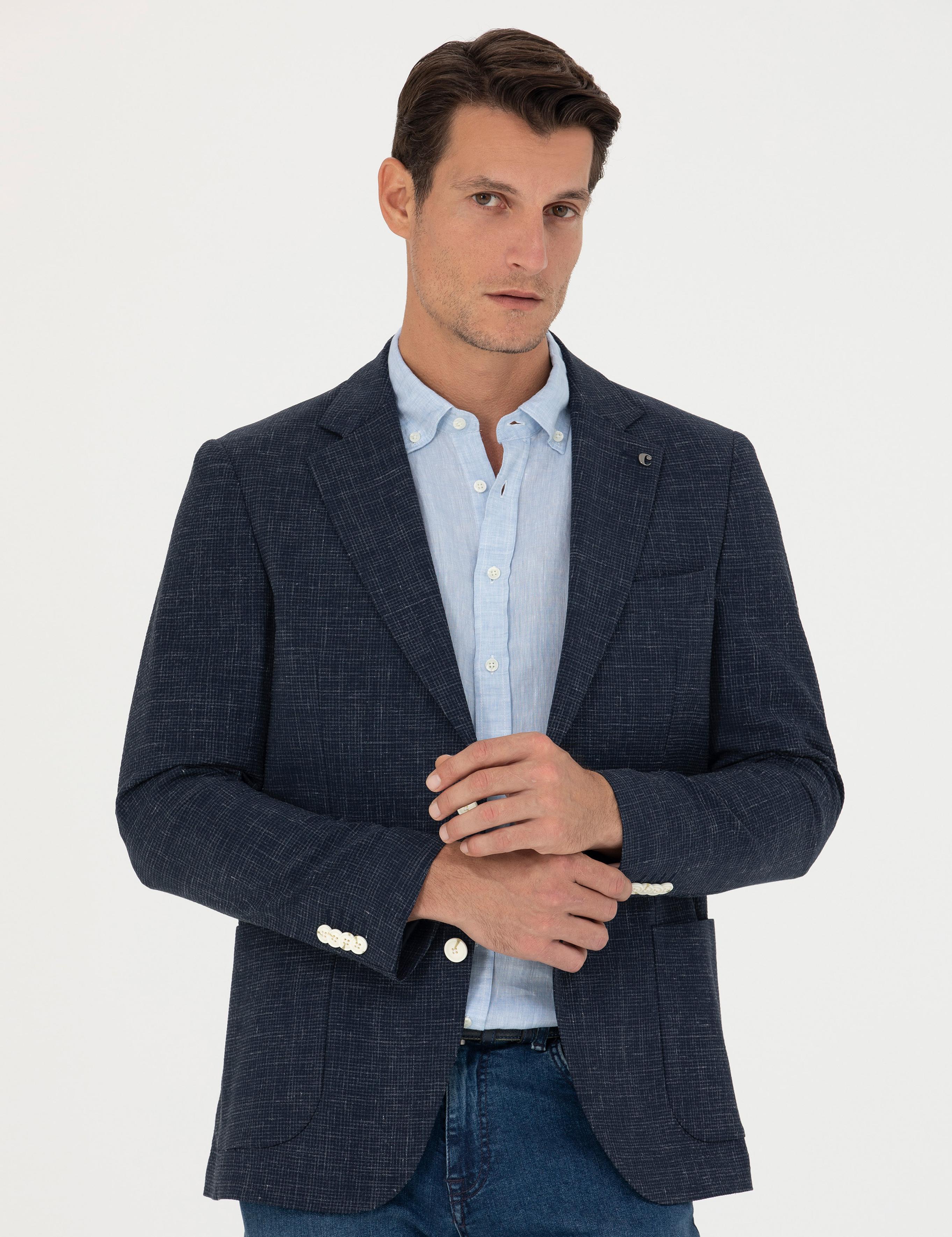 Lacivert Slim Fit Yün Keten Karışımlı Ceket - 50265209008