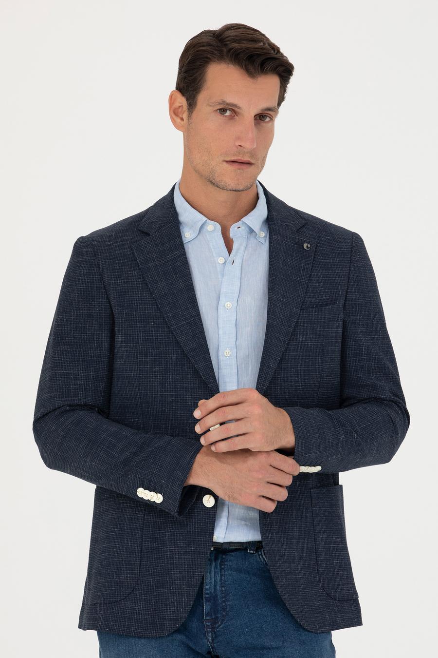 Lacivert Slim Fit Yün Keten Karışımlı Ceket - 50265209008