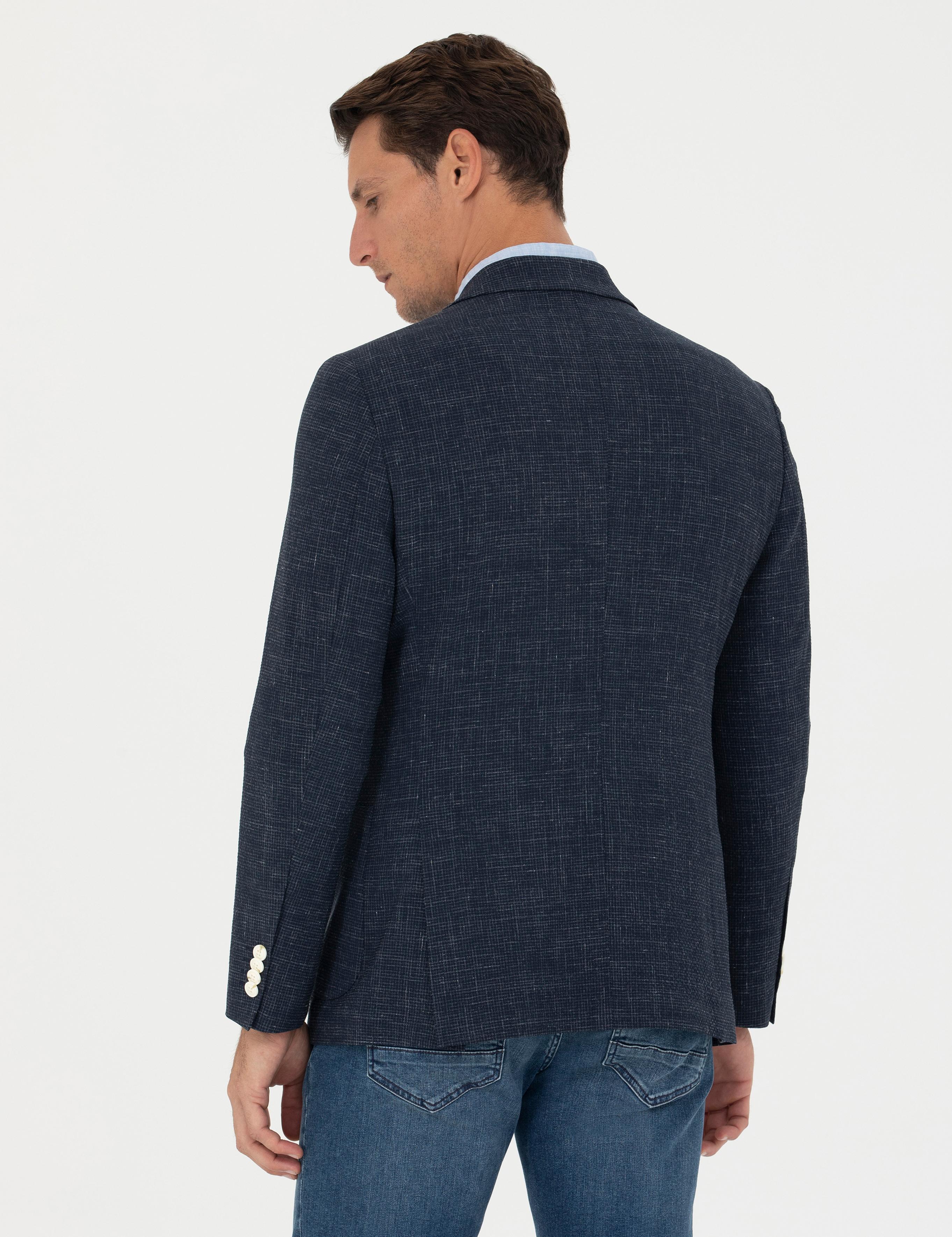 Lacivert Slim Fit Yün Keten Karışımlı Ceket - 50265209008