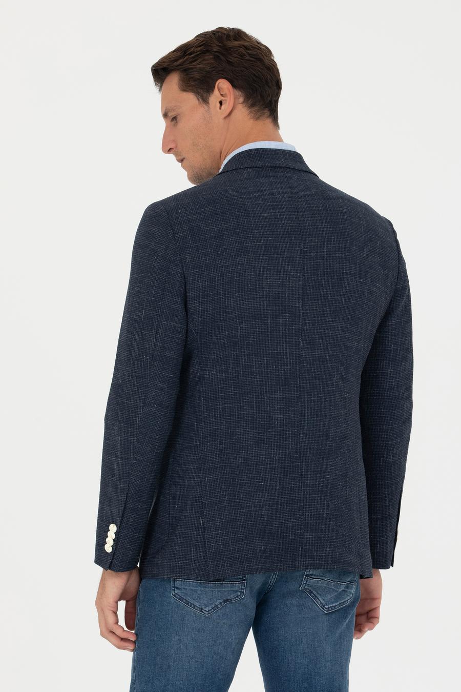 Lacivert Slim Fit Yün Keten Karışımlı Ceket - 50265209008