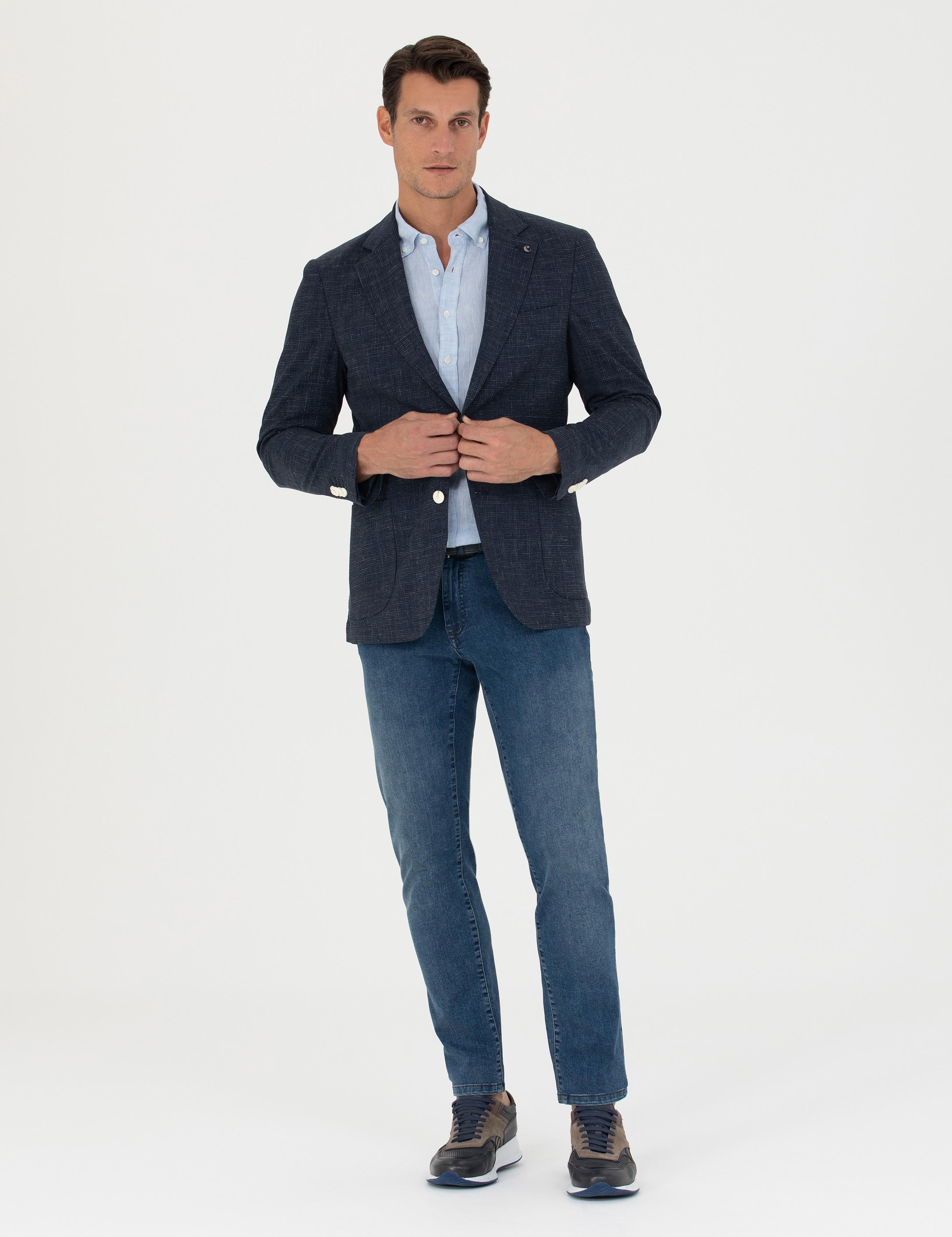 Lacivert Slim Fit Yün Keten Karışımlı Ceket - 50265209008