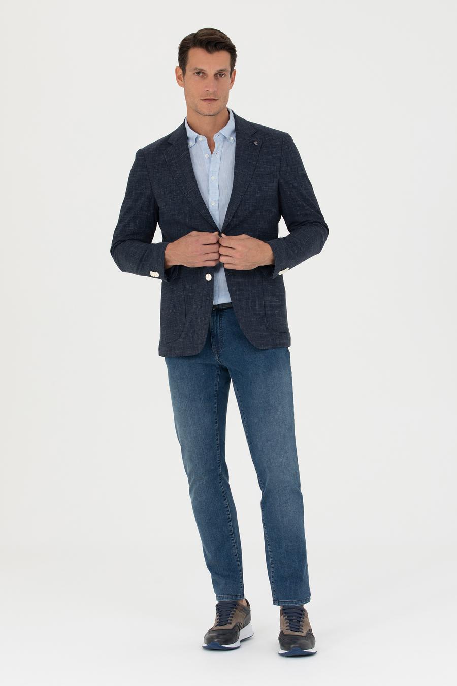 Lacivert Slim Fit Yün Keten Karışımlı Ceket - 50265209008