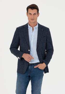 Lacivert Slim Fit Yün Keten Karışımlı Ceket