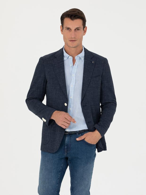 Lacivert Slim Fit Yün Keten Karışımlı Ceket